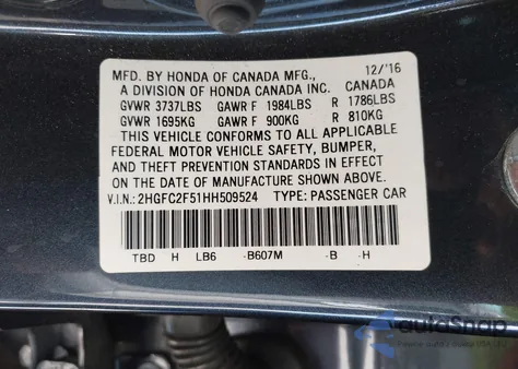 2017 Honda Civic Lx из США, поврежденный, VIN 2HGFC2F51HH509524